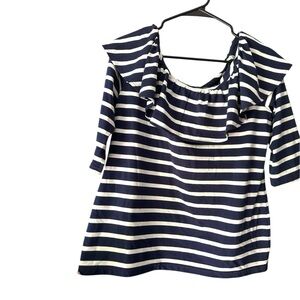 Nautical Sara Campbell Navy and White Striped Women's Ruffled Neckline Top Large
